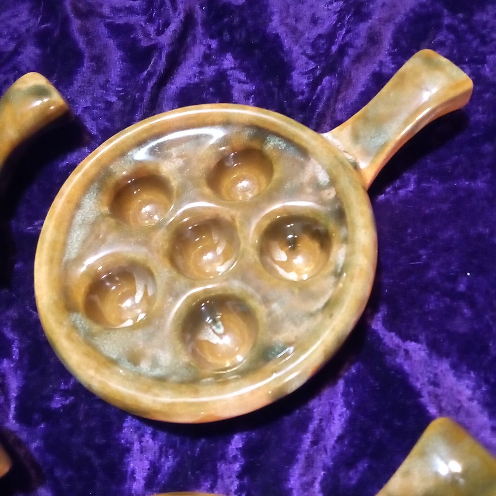4 Brown Ceramic Mottled Drip Glaze Escargot Baking Serving Dishes Nice!