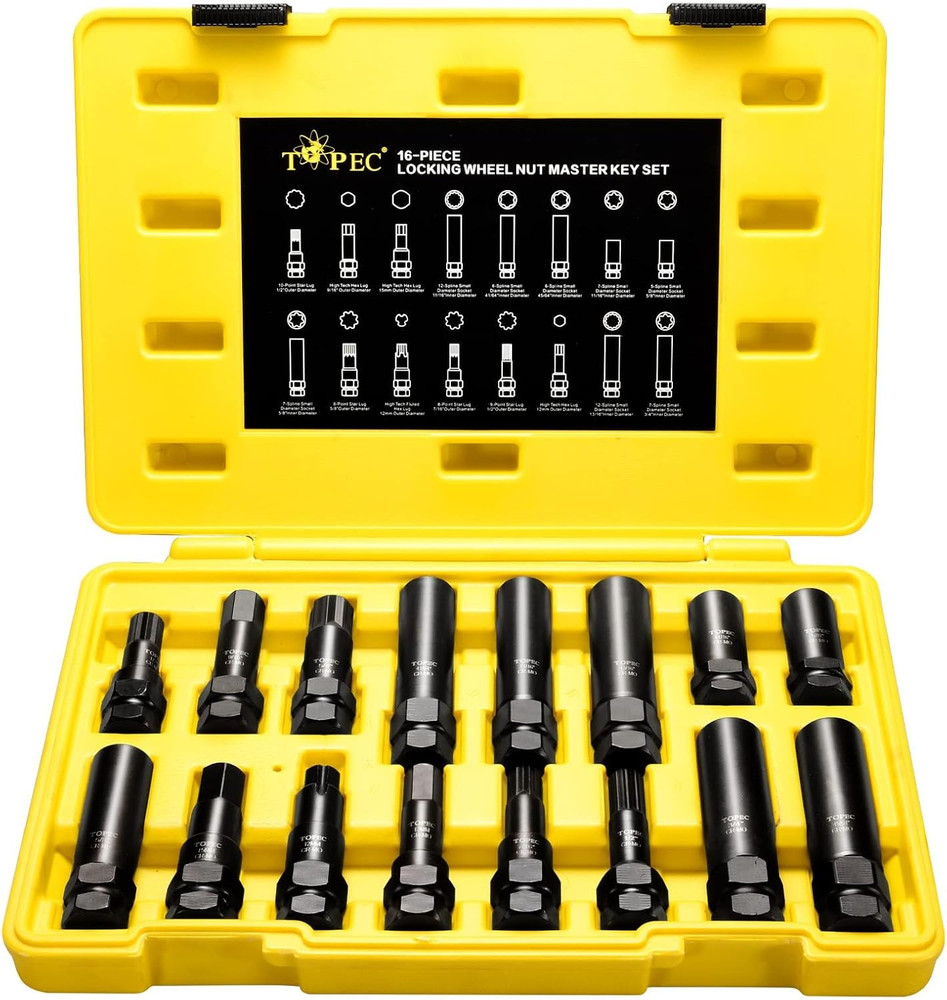 16-Piece Locking Lug Nut Master Key Set | 5, 6, 7, 12 Spline Socket Set, Star an