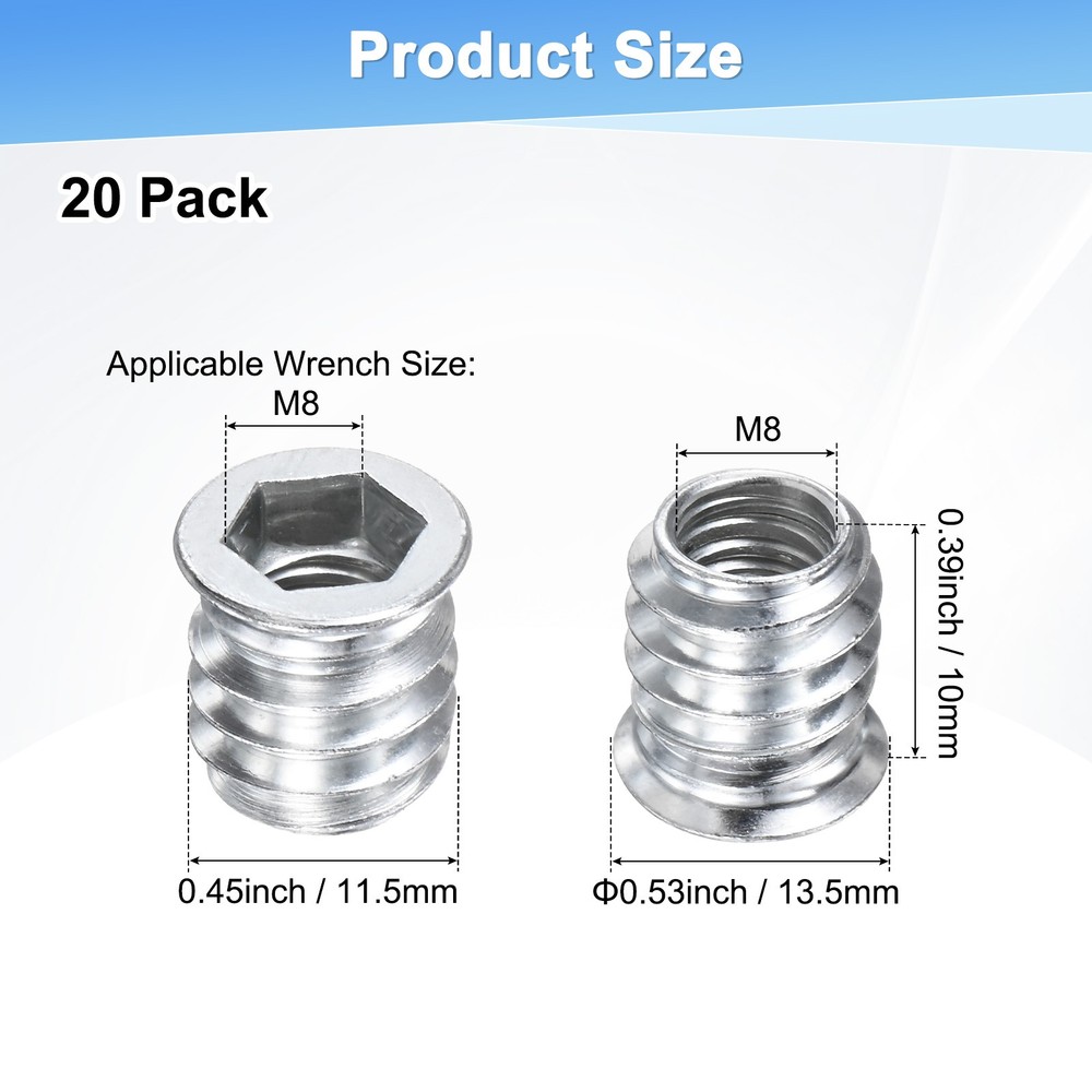 20-Pack Threaded Inserts for Wood, M8x10mm Threaded Insert Nuts [Silver Tone]