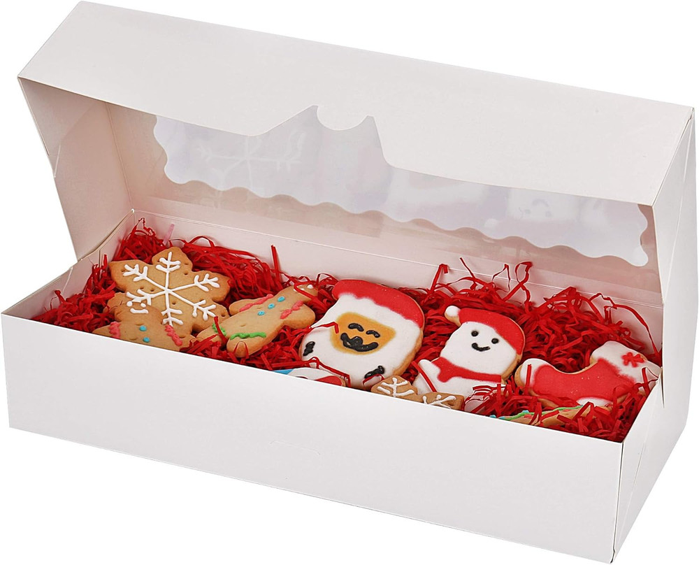 20-Pack Cookie Boxes with Window, 12.5" X 5.5" X 2.5", White Bakery Boxes, Auto-