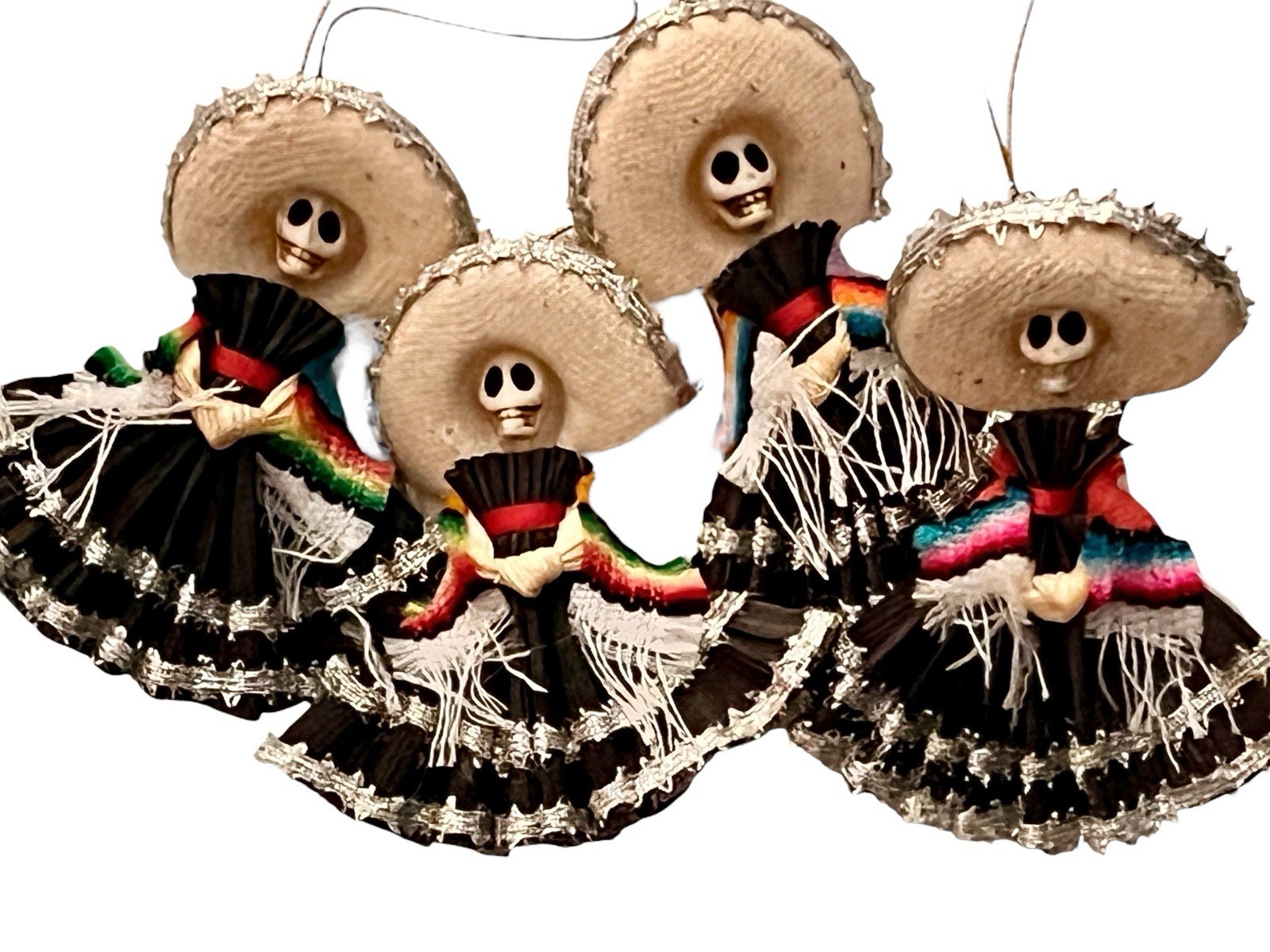 Set (4) CORN HUSK Day of the Dead CATRINA Charra, Mexican Christmas Ornaments