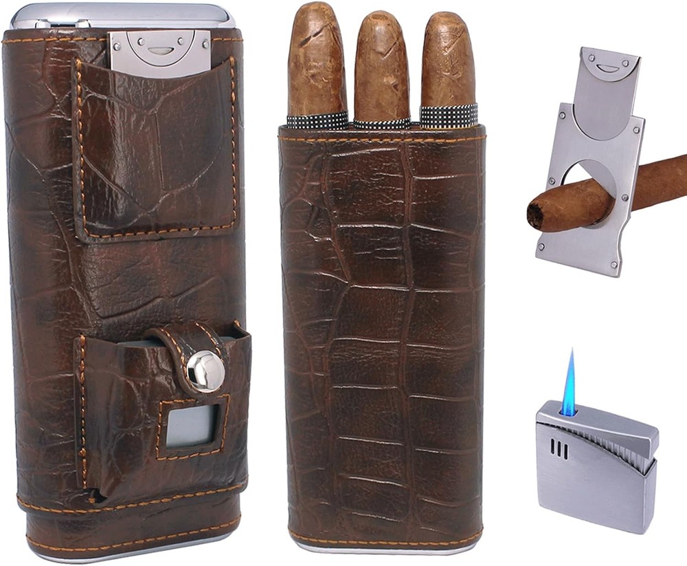 AMANCY Luxury 3 Holder Classy Black Brown Crocodile Pattern Leather Cigar...