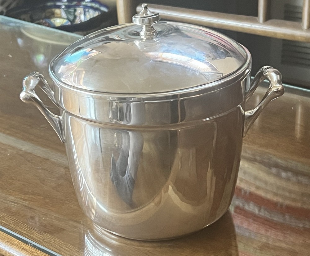 Vintage Crescent Silverplate PXTL Pyrex C-28 Lined Ice Bucket Bowl 5.75" W/Lid