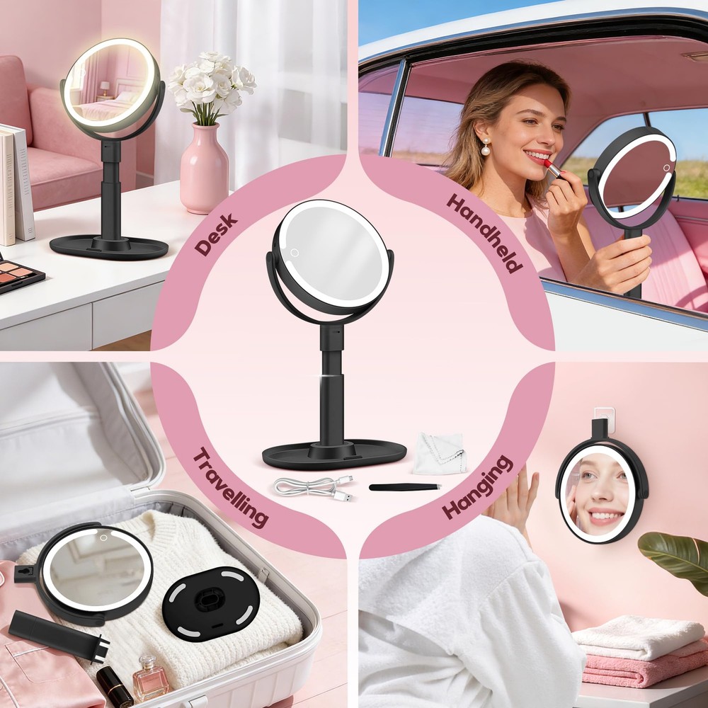 Makeup Mirror Lights 30X Magnifying Height Adjustable 3 Light Modes Dimming Blk