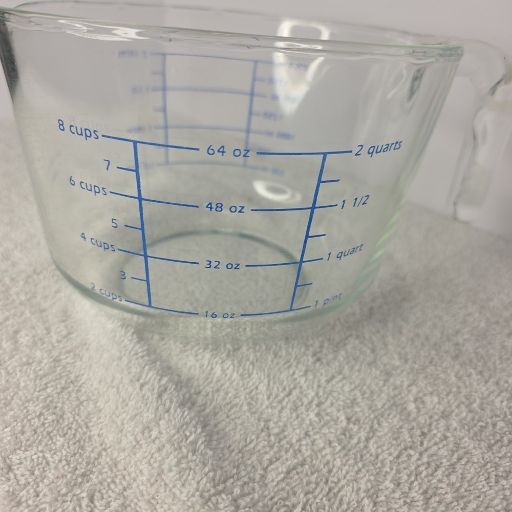 Vintage Large 2 Quart Measuring Pitcher Clear Blue Writing