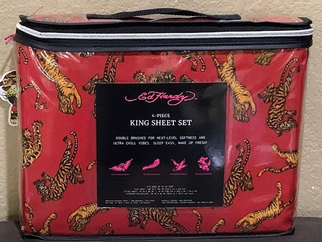Ed Hardy Red with Crouching Tigers Print 4pc KING Sheet Set