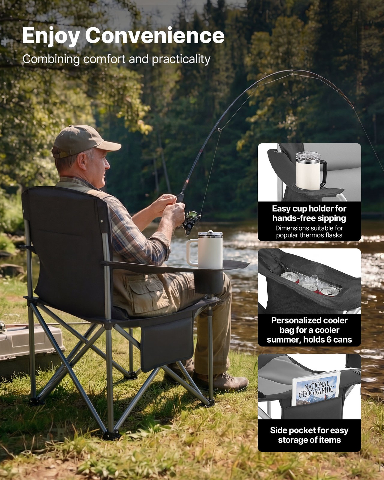 VEVOR Oversized Camping Chairs 450lbs Folding Chair Cup Holder Cooler Bag 2 Pack