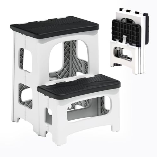 2 Step Stool Foldable, Non-Slip Steps, Folding Step Stool for Adults & White