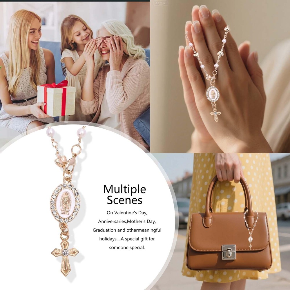 Steering Wheel Rosary Charm, Accessory with Small, White