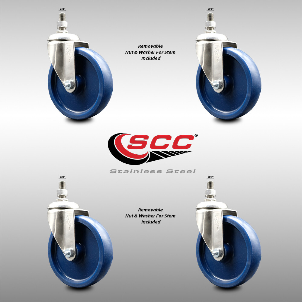 5 Inch 316SS Solid Polyurethane Wheel Swivel 3/8 Inch Threaded Stem Caster Set