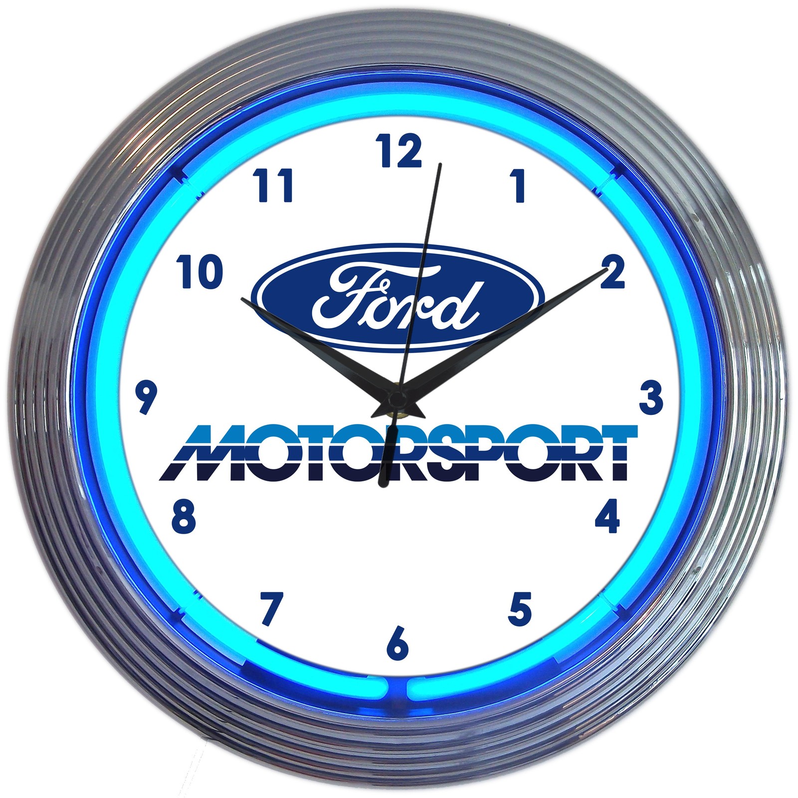 Ford Motorsport Early 80s Vintage Logo Garage Wall Clock w/ Blue Neon Light
