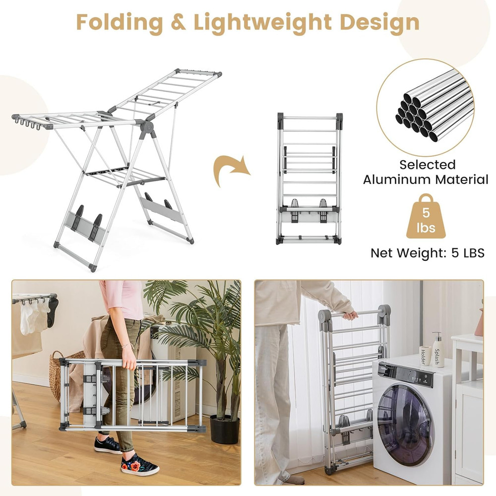 Space-Saving Collapsible 2-Layer Aluminum Drying Rack with Adjustable Wings
