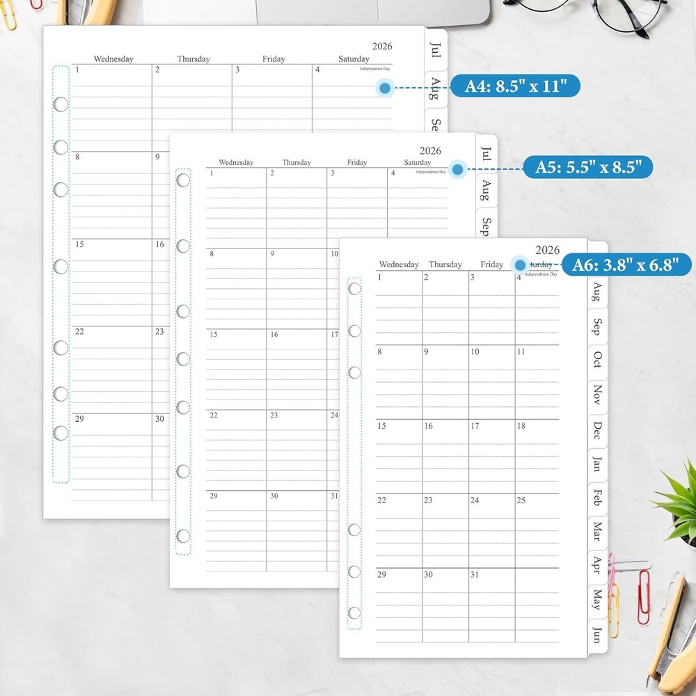 2026-2027 Monthly Planner Refill, A6 Small Size Planner Inserts for 6 Ring