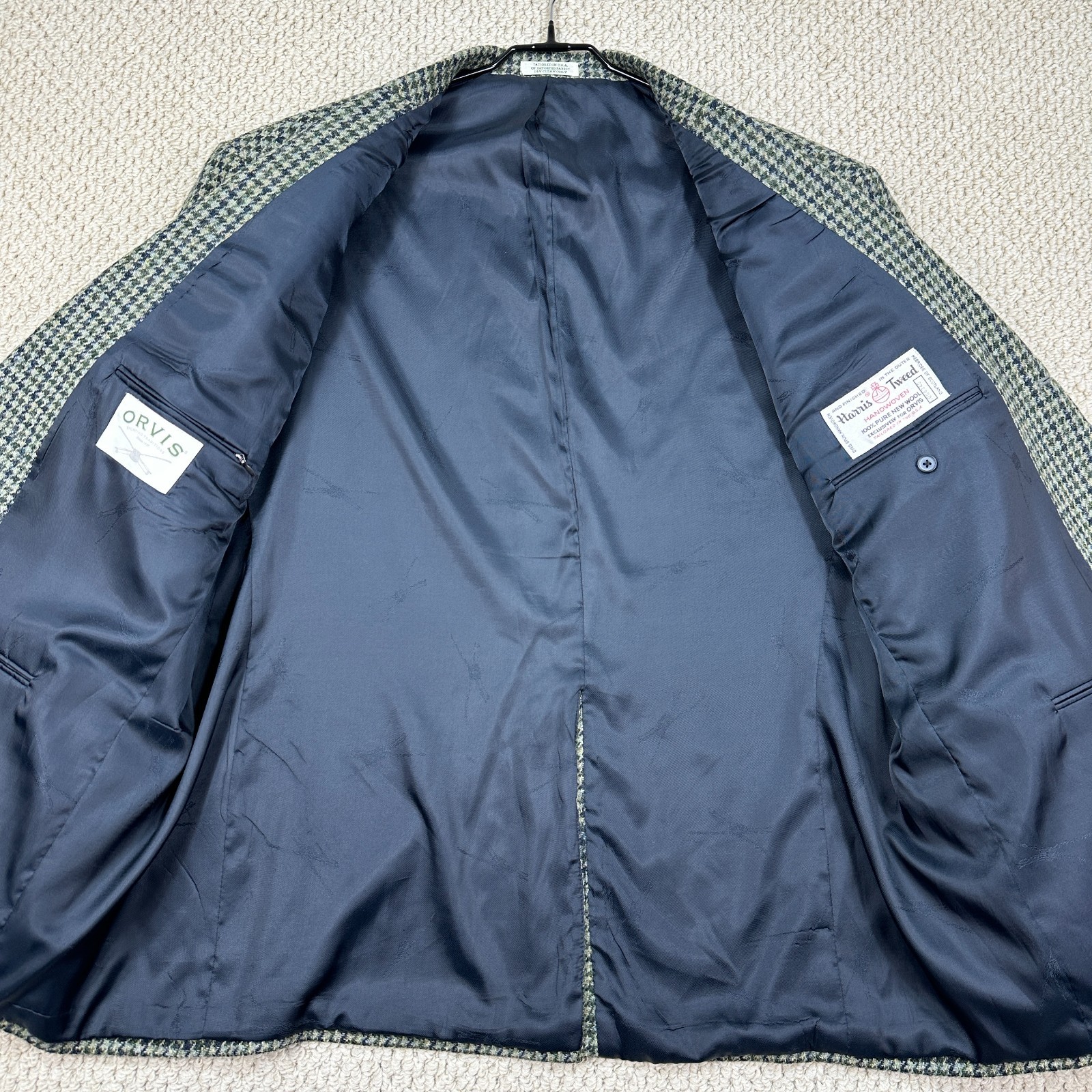 Orvis Harris Tweed Sport Coat Mens 52R Green Houndstooth Blazer Handwoven Wool