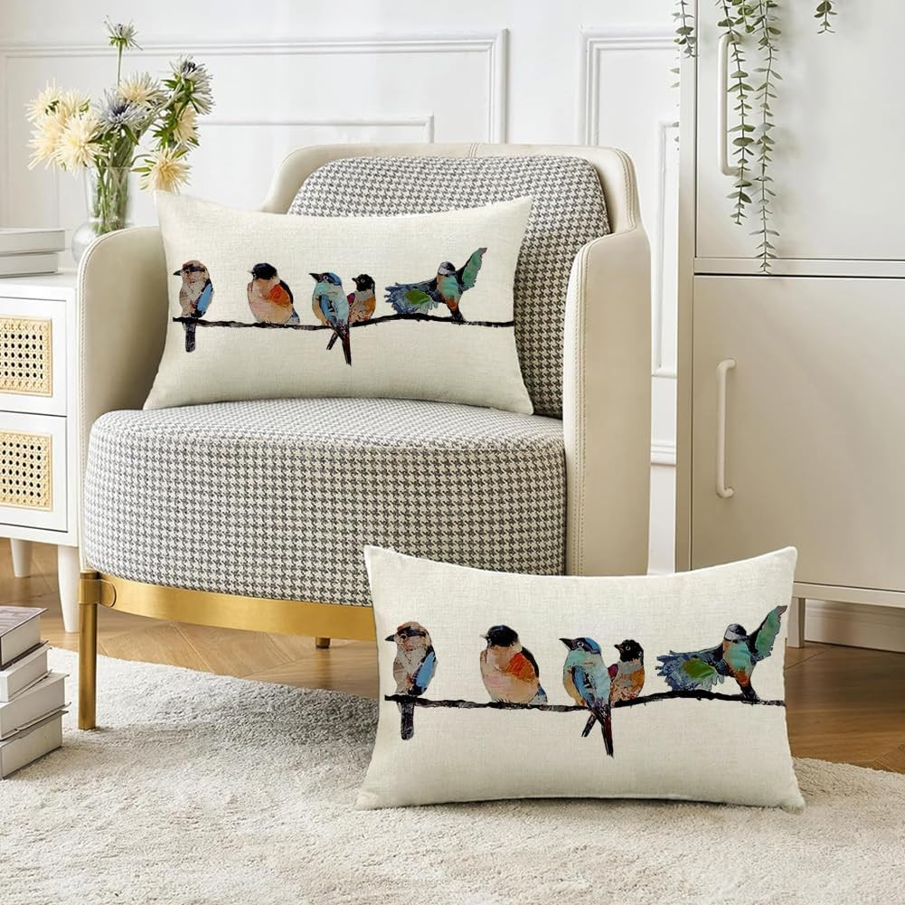 12x20 Lumbar Pillow Decorative Throw Pillows,Small Hand-Painted Outdoor Birds Pi