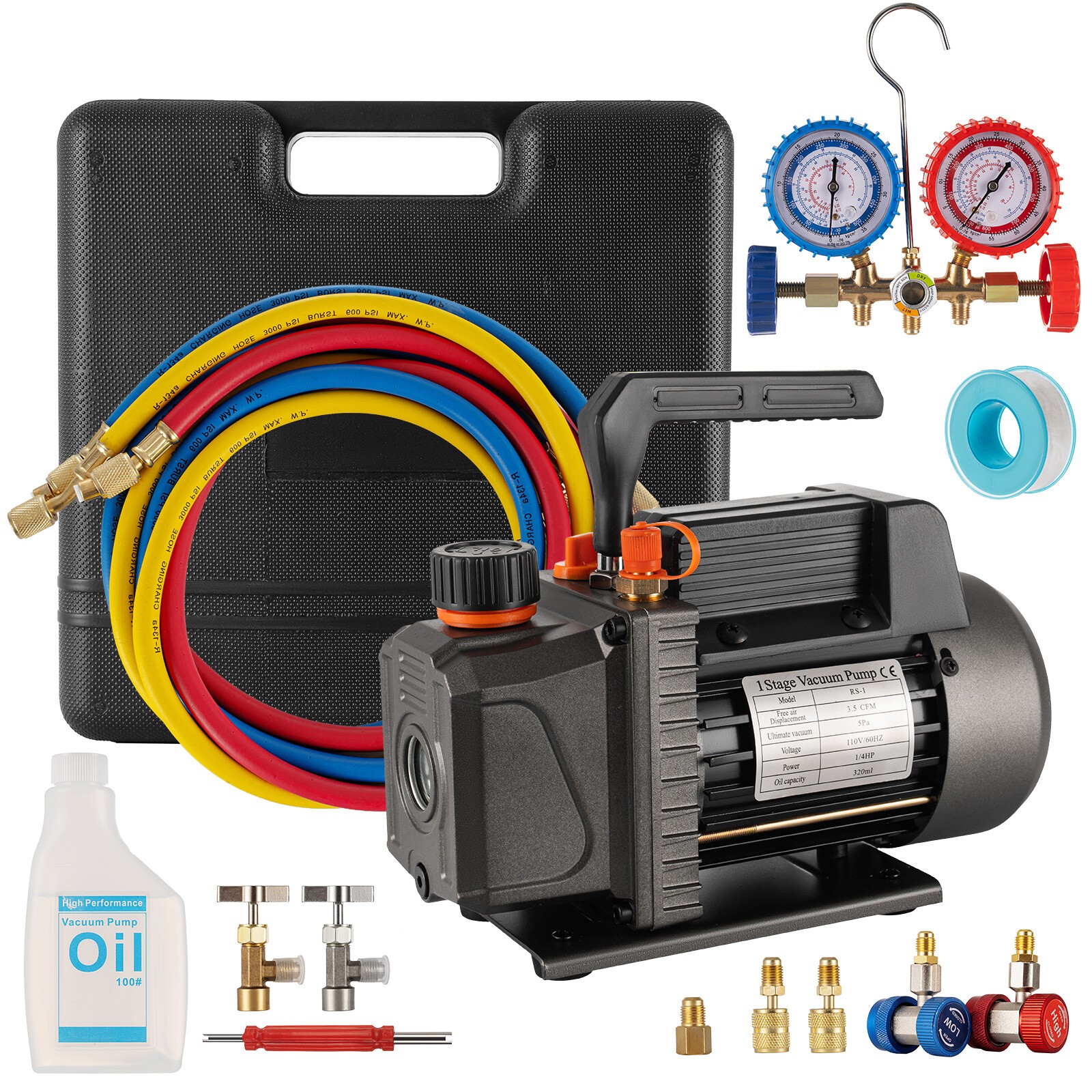 Combo 3.5 CFM 1/4HP Air Vacuum Pump HVAC + R134A Kit AC A/C Manifold Gauge Set