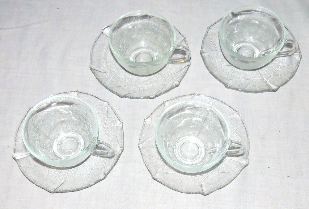 Durax Argentina Clear Glass Leaf Pattern FOUR Cups and Saucers