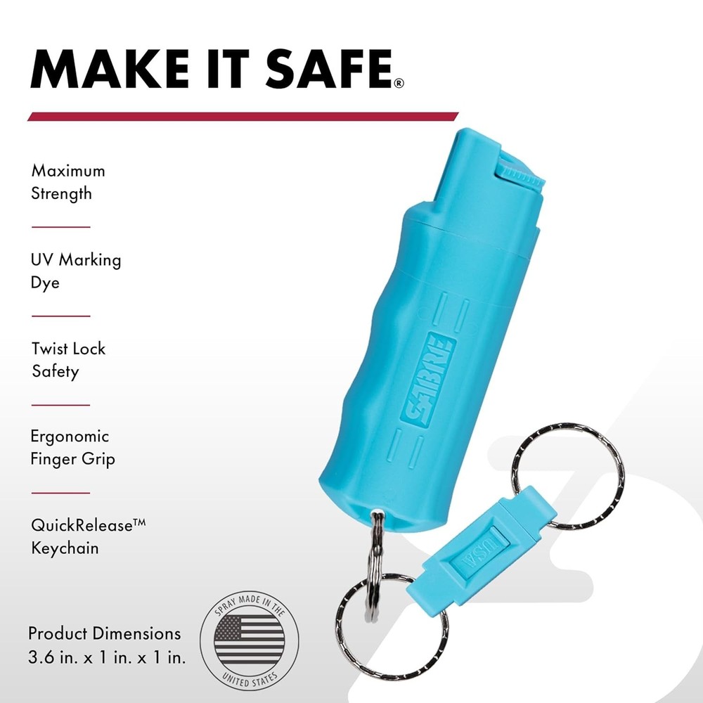 Sabre Pepper Spray with Quick Release Key Ring - Turquoise - UV Dye