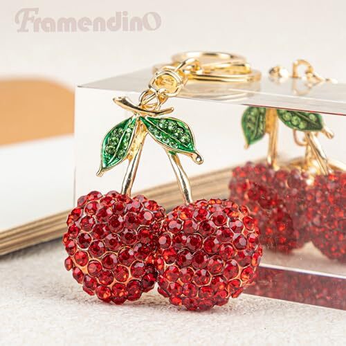 Framendino, 2 Pack Cherry Keychains Rhinestone Cherry Key Chain Crystal