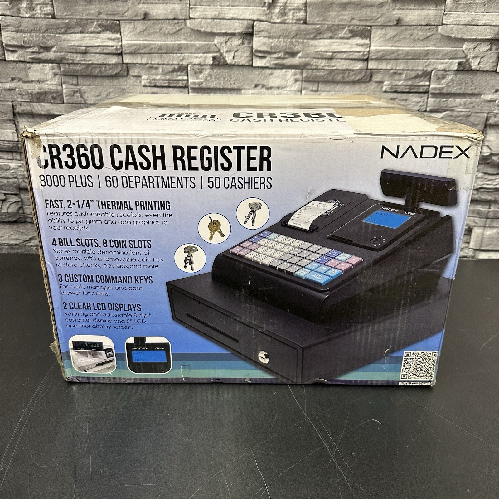 Nadex CR360 Thermal-Print Electronic Cash Register, 12 Compartments, Black