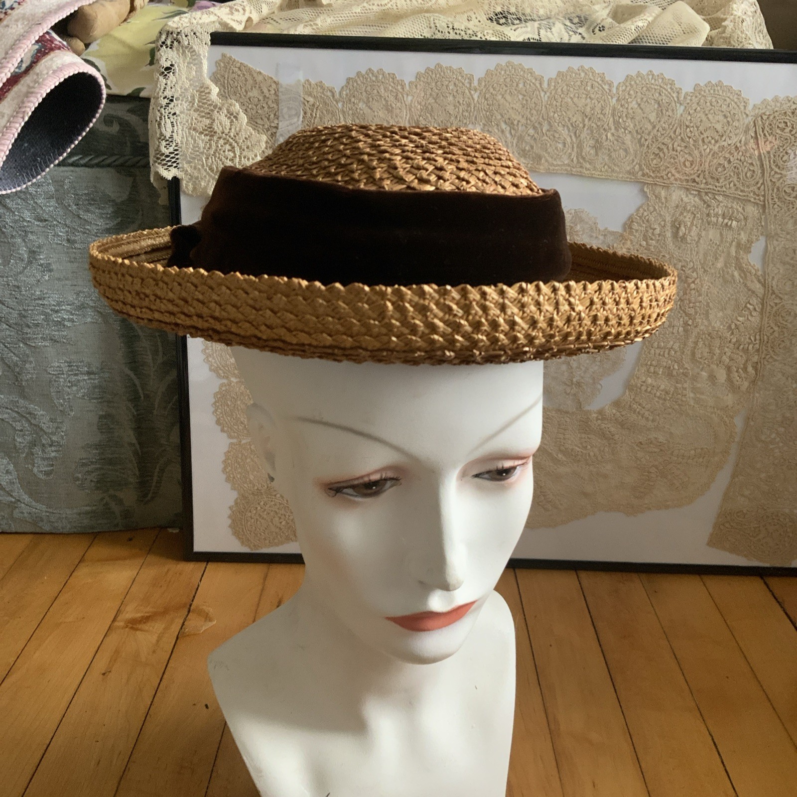 STRAW BOATER SKIMMER HAT BROWN  RIBBON BOW VINTAGE WOMENS SIZE 22  ROLLED BRIM