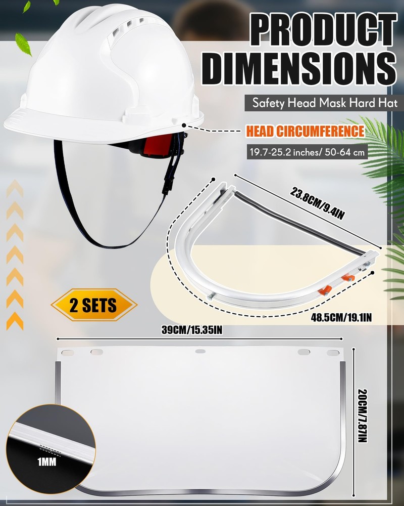 2 Sets Safety Grinding Face Shield with Hard Hat Include PC White Cap Style H...