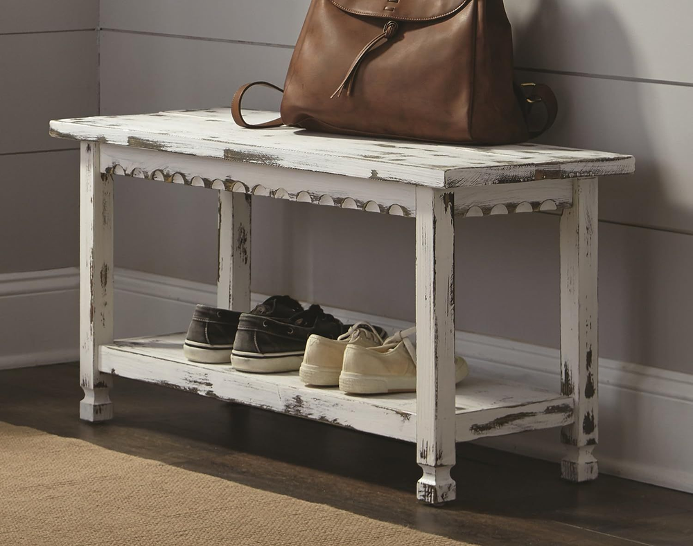 Rustic Cottage Bench with 1 Shelf, White Antique