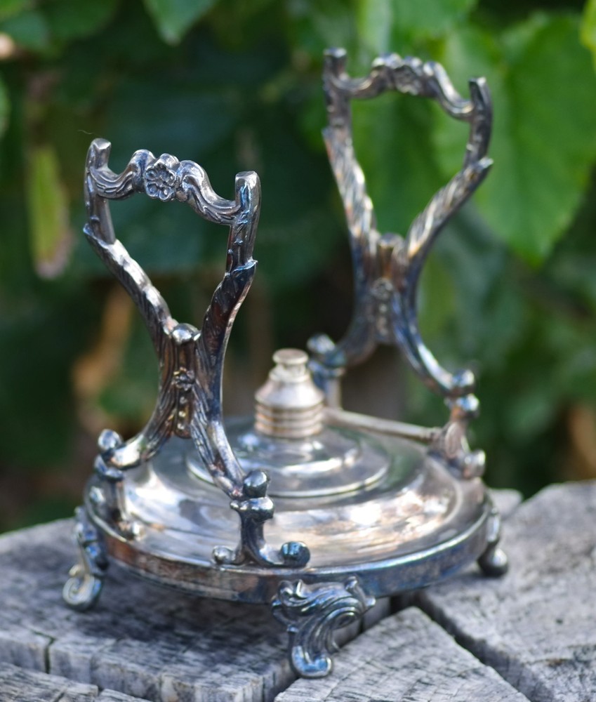 Antique Stand & Burner for Tilting Teapot Silverplate Made in USA Art Nouveau