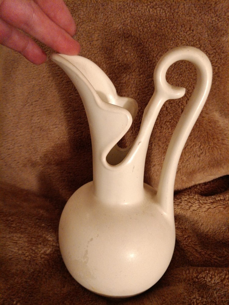 Nilok Ceramic Pitcher White Matte Pottery Round Solid Handle Impressed Backstamp