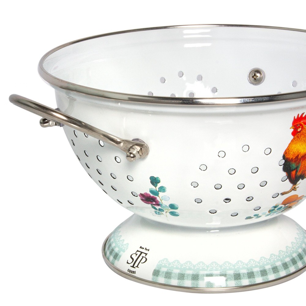ROOSTER Enameled Colander, Enamelware Draining Strainer Pasta Fruit 2.6 qt