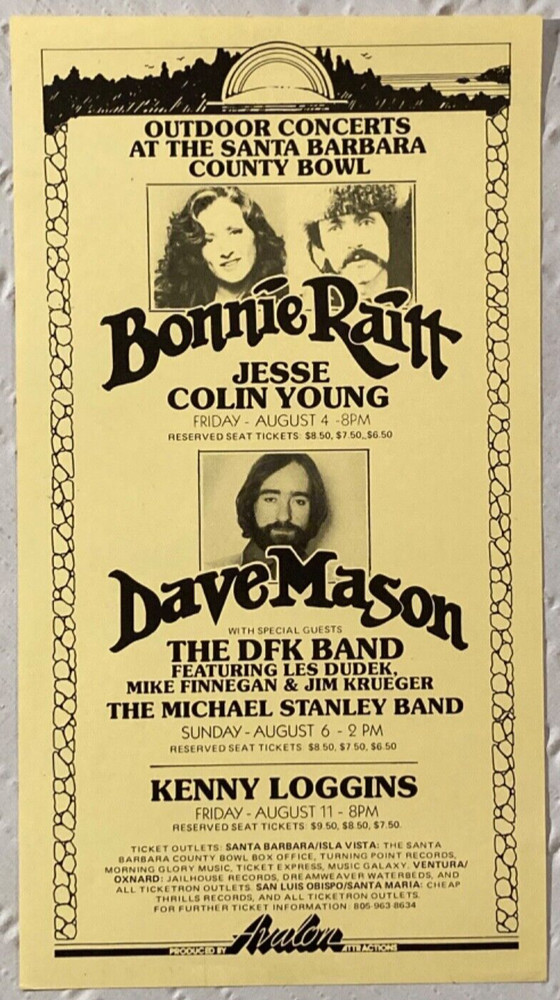Bonnie Raitt Dave Mason Jesse Colin Young 1978 Tour Poster Kenny Loggins