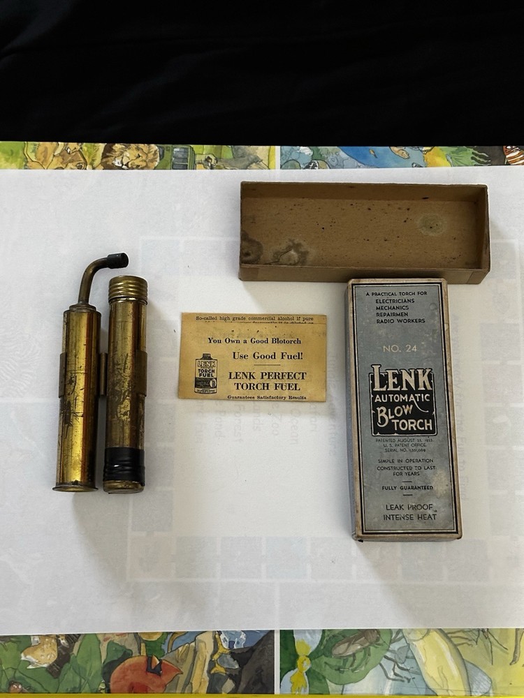 ANTIQUE LENK BRASS AUTOMATIC BLOW TORCH NO. 24 WITH BOX & INSTRUCTIONS -UNTESTED