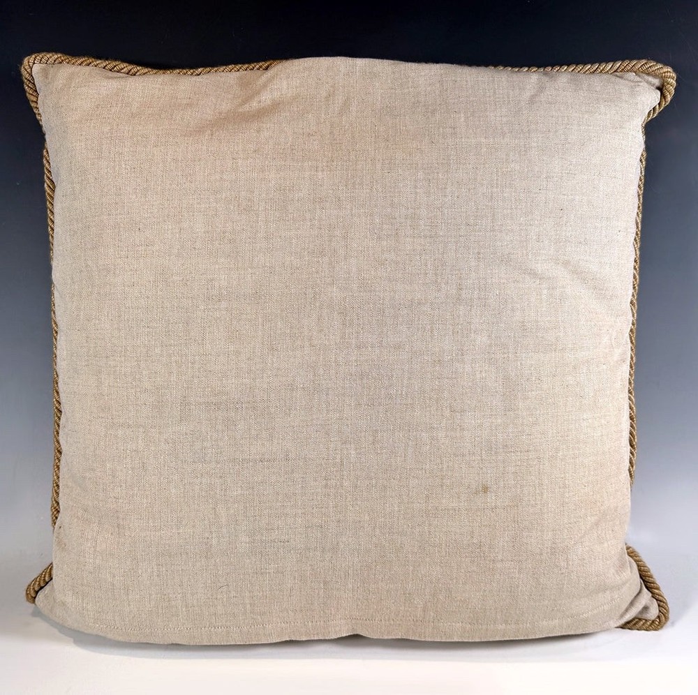 Antique British Needlepoint Topped 20" Square Throw Pillow, Down-Feather Insert