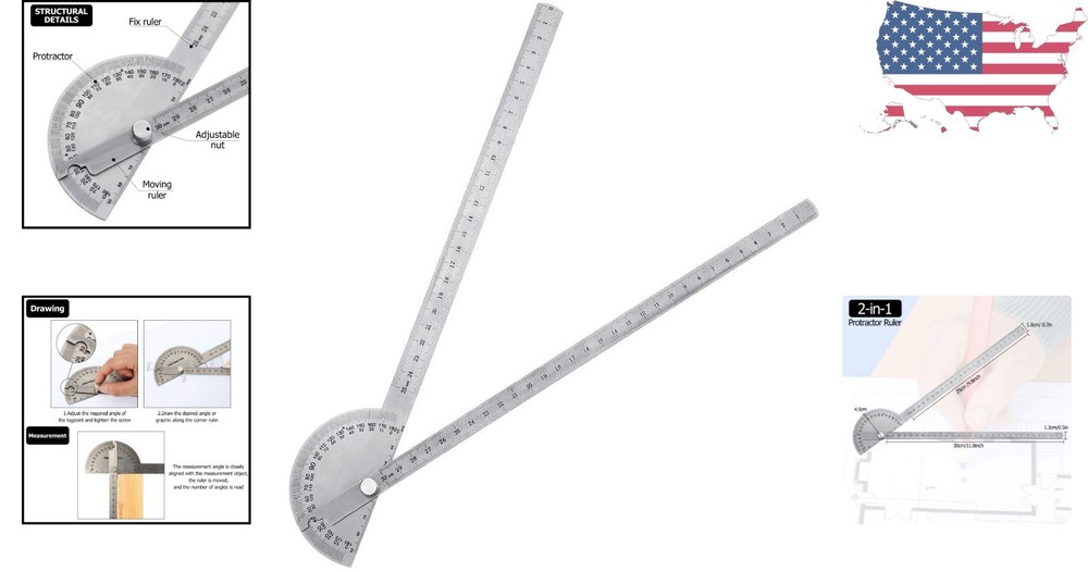 Multi-Functional Angle Protractor - 30cm/11.8'' Stainless Steel Measuring Ruler