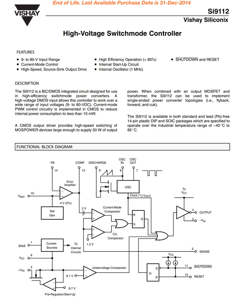 2PCS SI9112DJ VISHAY High Voltage Switch Mode Controller IC DIP-14
