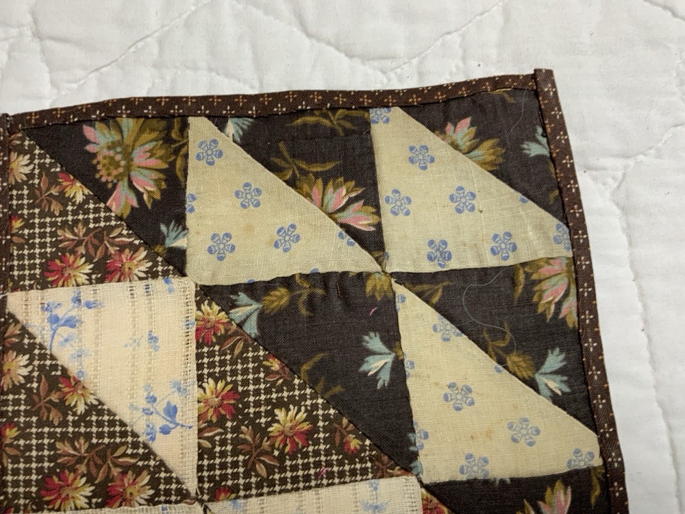 Antique Patchwork Quilt Table Topper, Nine Patch, Triangle, Early Calicos, Brown