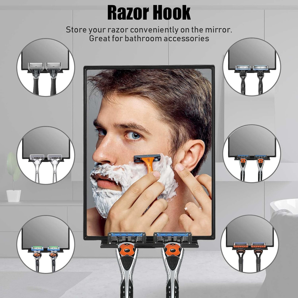 Shower Mirror for Shaving with 2 Replaceable Adhesive - Two Razor Holder, 360°Ro