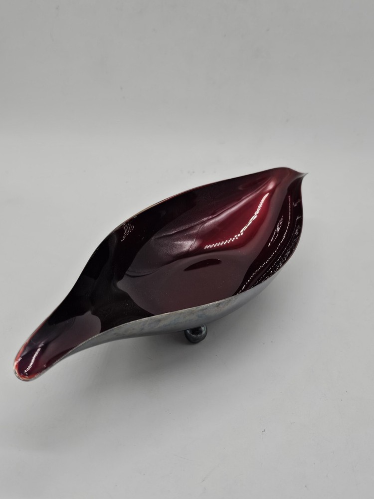 Vintage Wallace Mid Century Modern Ruby Red Enamel silver Plate Dish