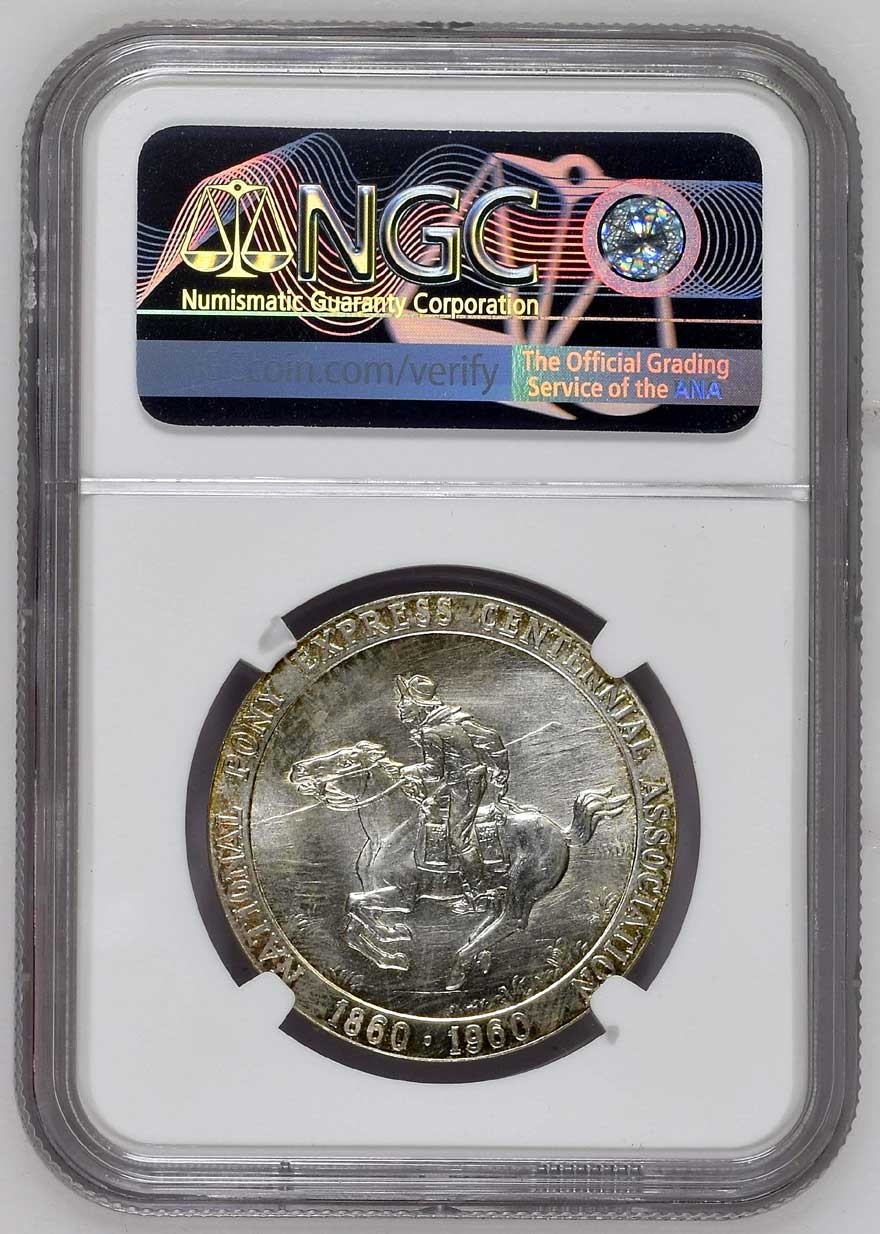 1960 HK-582 : NGC MS 66 : Gem SILVER Pony Express Centennial Off. Medal ASW 0.83
