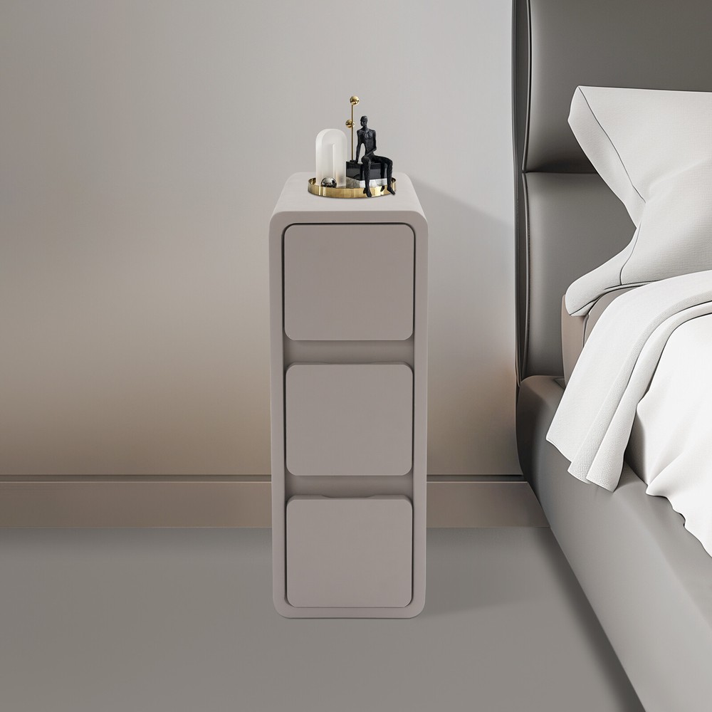 Floor Standing Bedside Table Narrow Deep Gray Storage Nightstand w/ 3-Drawer