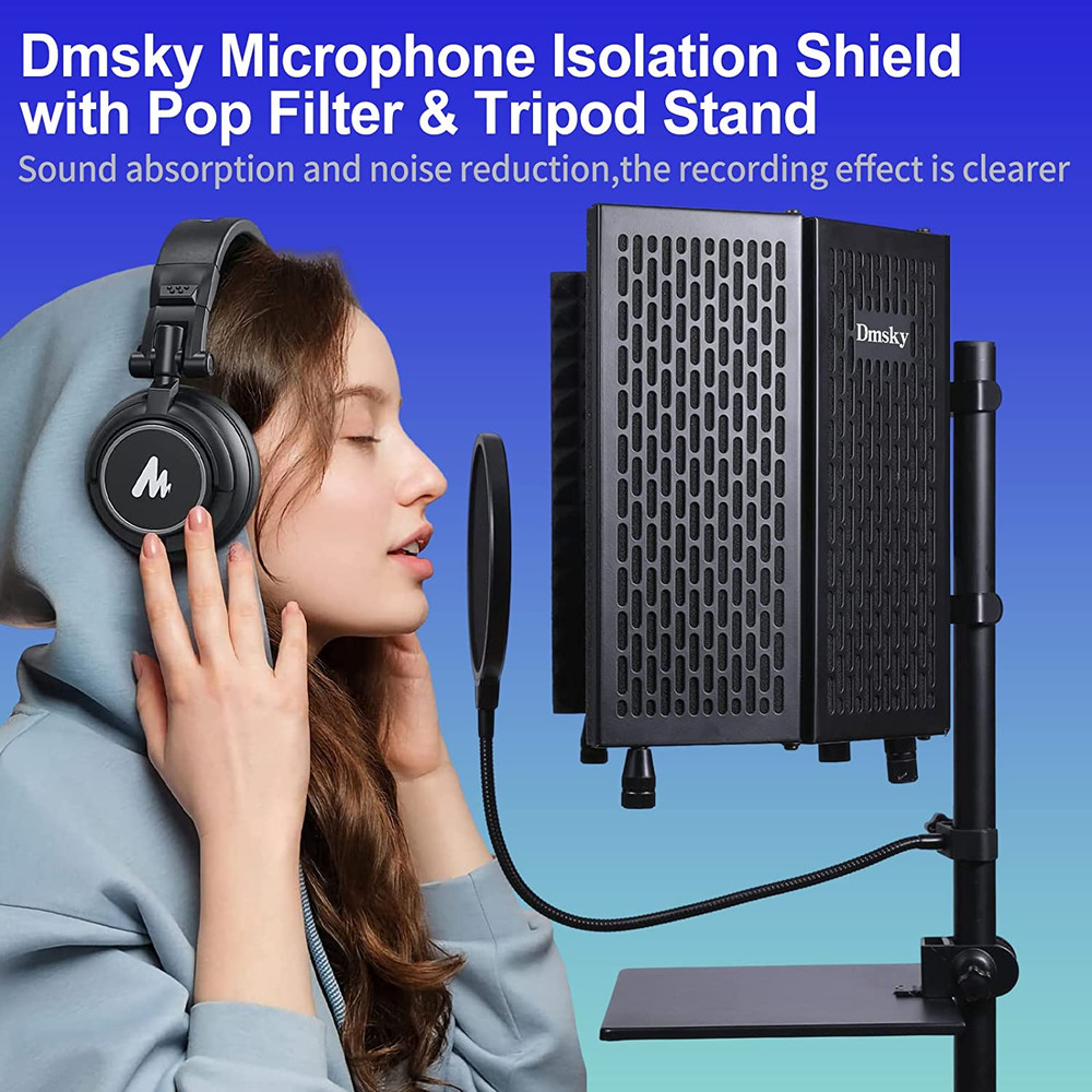Microphone Isolation Shield with Pop Filter & Tripod Stand, Foldable Mic Shield