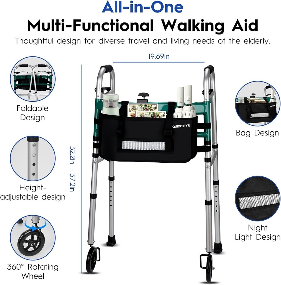 Foldable Walker with 360° Swivel Wheels & Motion Sensor Light, Lightweight Ad...