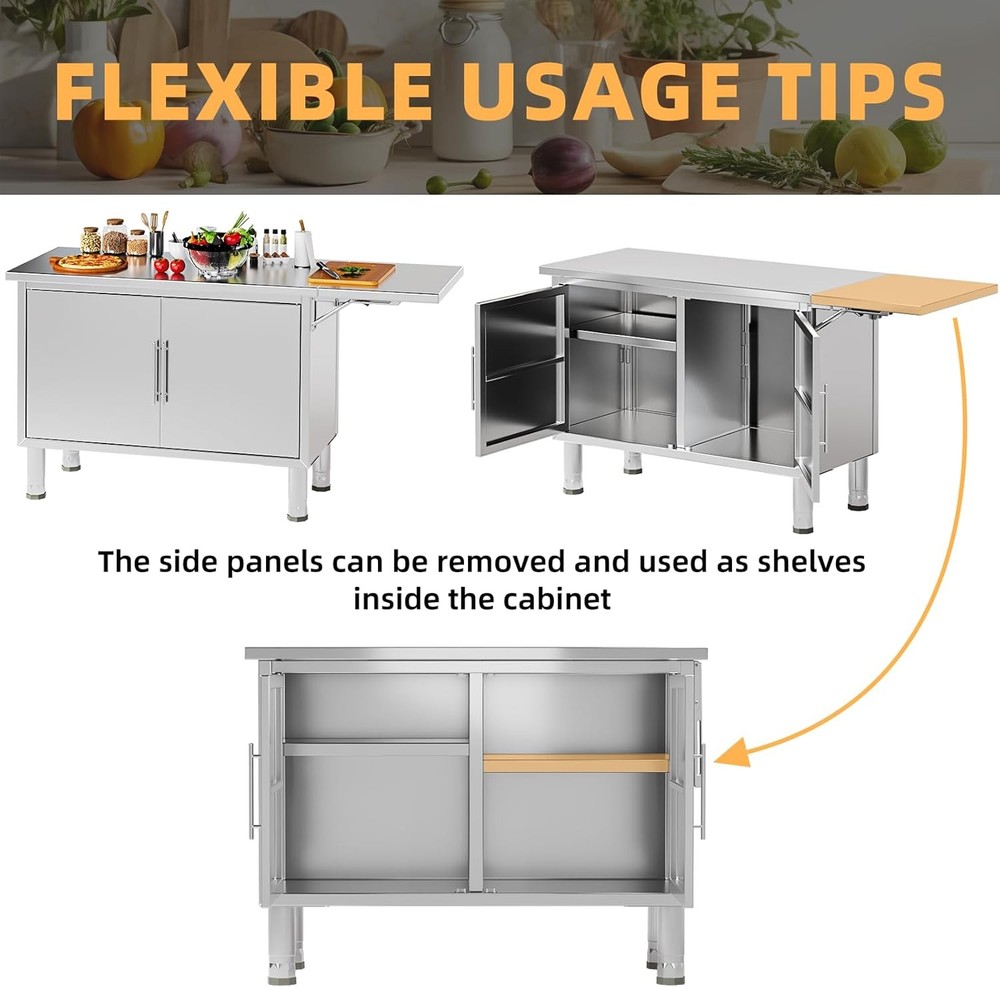 57"x19.7" Stainless Steel Kitchen Cabinets Worktable with Extend Panel & Shelf