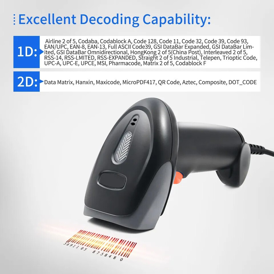 2.4Ghz Wireless Barcode Scanner Cordless 1D 2D Laser Barcode Reader USB Handheld