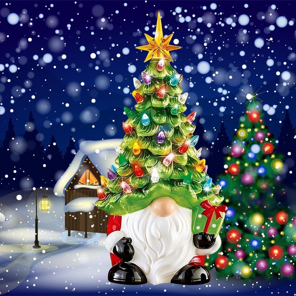 Lighted Christmas Gnome Tree, 8 Inch Faceless Old Man Ceramic Decor with Mult...
