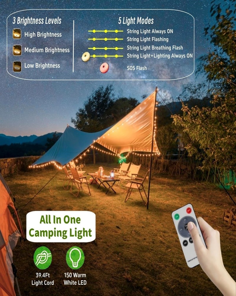 Solar Camping String Lights 39.4FT, 4-in-1 Waterproof LED Tent Lantern, 8 Modes