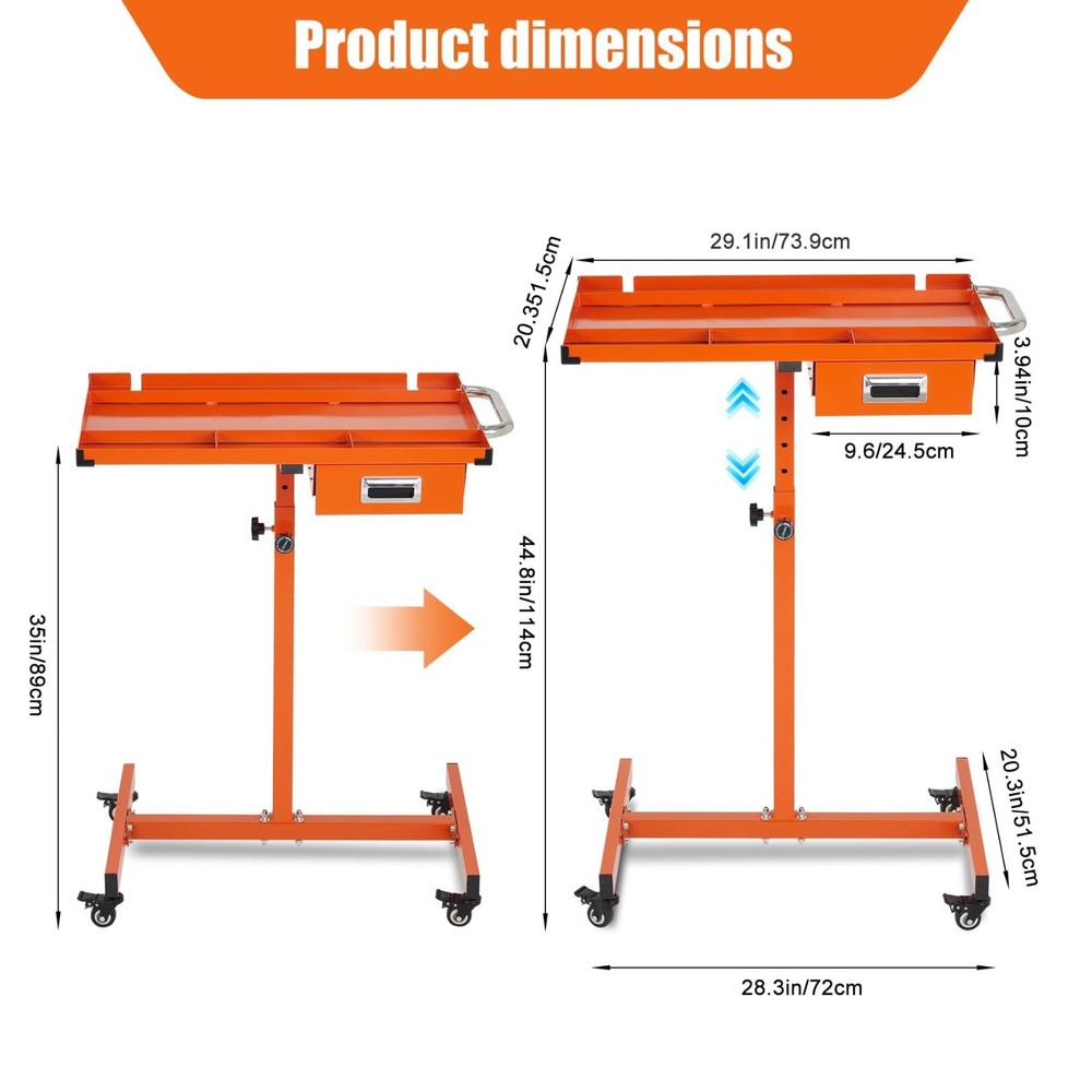 Rolling Work Table Adjustable Height Mobile Workbench w/ Wheels 220LBS Orange