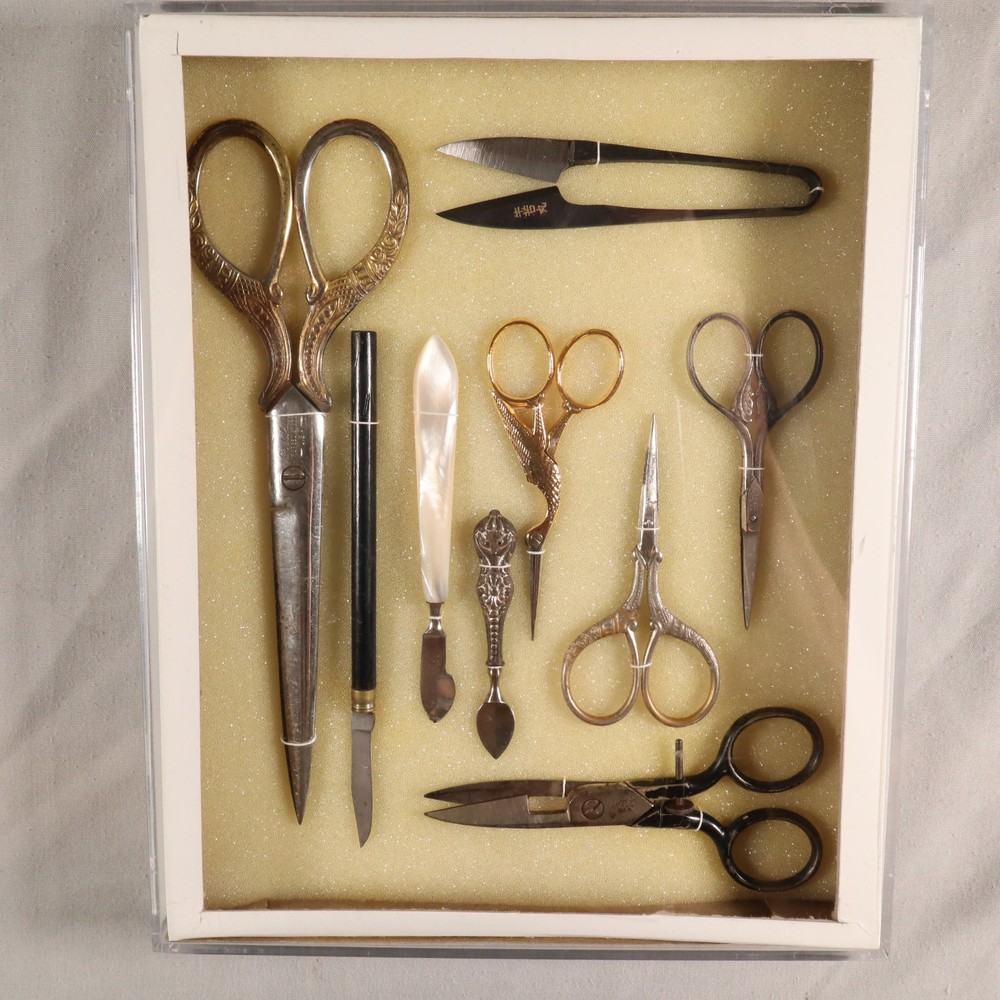 Antique Sewing Tools Scissors Quill Knives Thread Snips Display See Description
