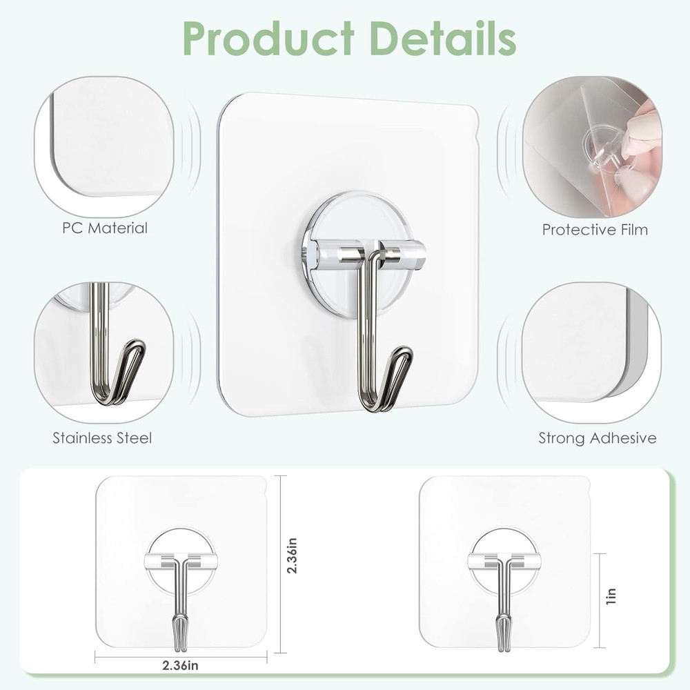 Adhesive Wall Hooks for Hanging, Clear Removable Ceiling 13 lb