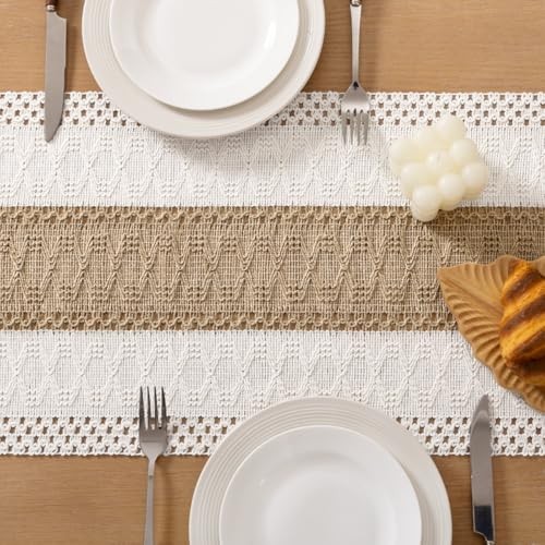 Boho Table Runner Easter Spring Farmhouse Rustic 12" x 48" Brown & Ivory